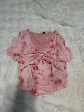 SHEIN Pink Floral Tie-Front Short Sleeve Blouse with Bow
